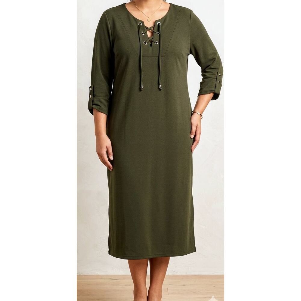 Anabelle Paris Womens Stretch Lace Up Olive Green Midi T-Shirt Dress Size Medium